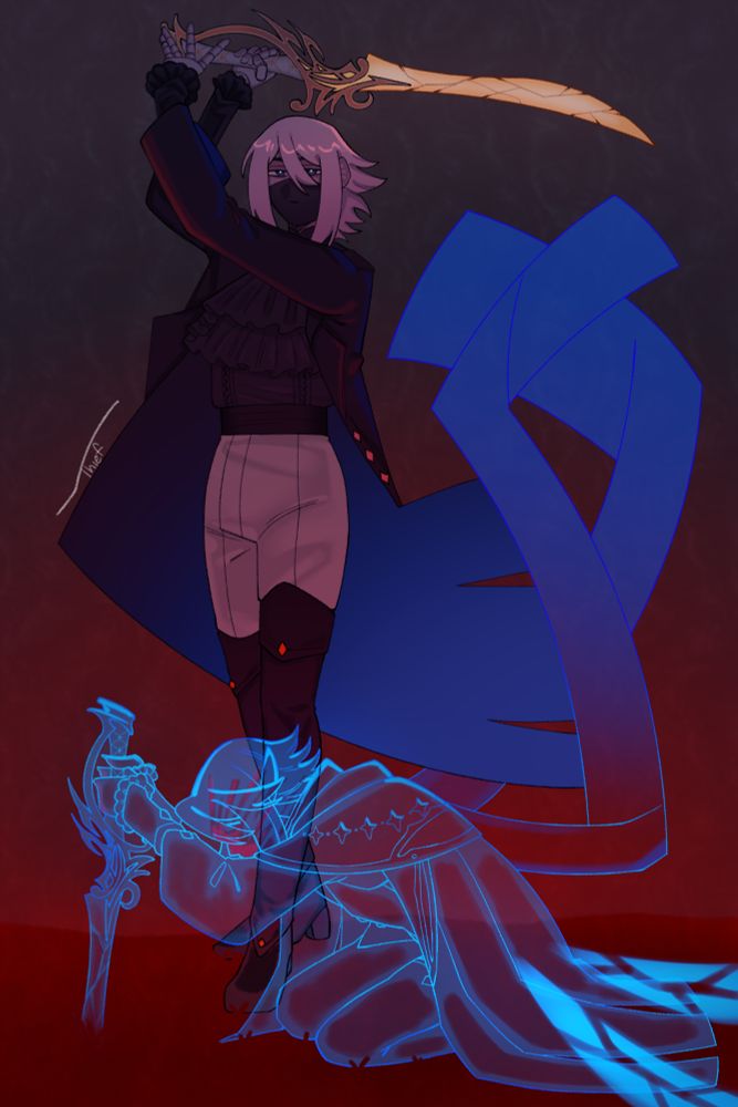 prismagic's ocs Lore/Llorwyn with Llorwyn on the bottom as a blue translucent ghost clutching his sword and Lore standing behind him, fully corporeal holding up the same sword with slightly jagged edges.