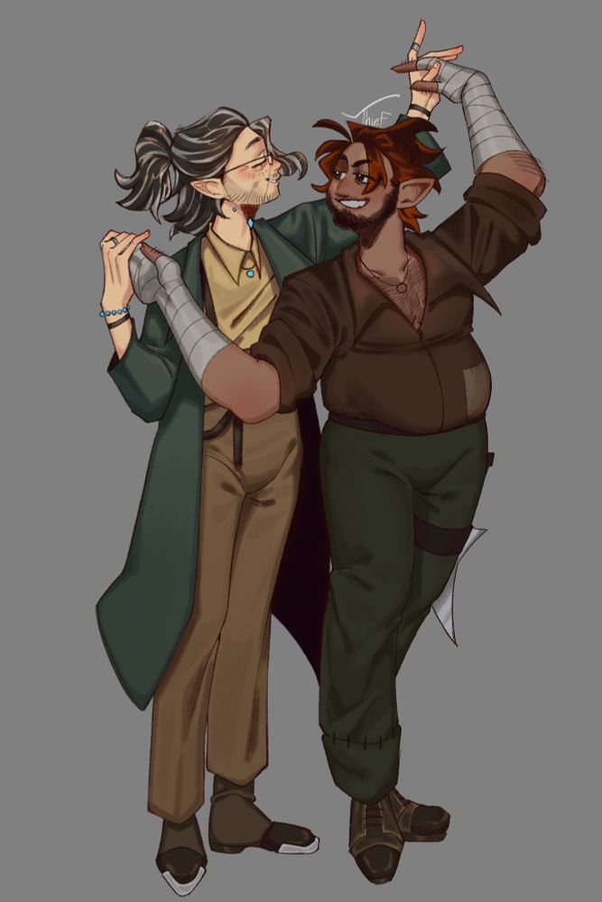 Two men hold each others' hands over their head, as if having just finished a dance where they circled one another. One man is thin and pale, wearing a dress shirt, long coat pants and suspenders, his salt and pepper hair held half up half down. The other is tanned and of a thicker build, his hands bandaged up to his elbow and wearing a simple brown shirt with green pants gently stitched together, and a necklace holding his ring.