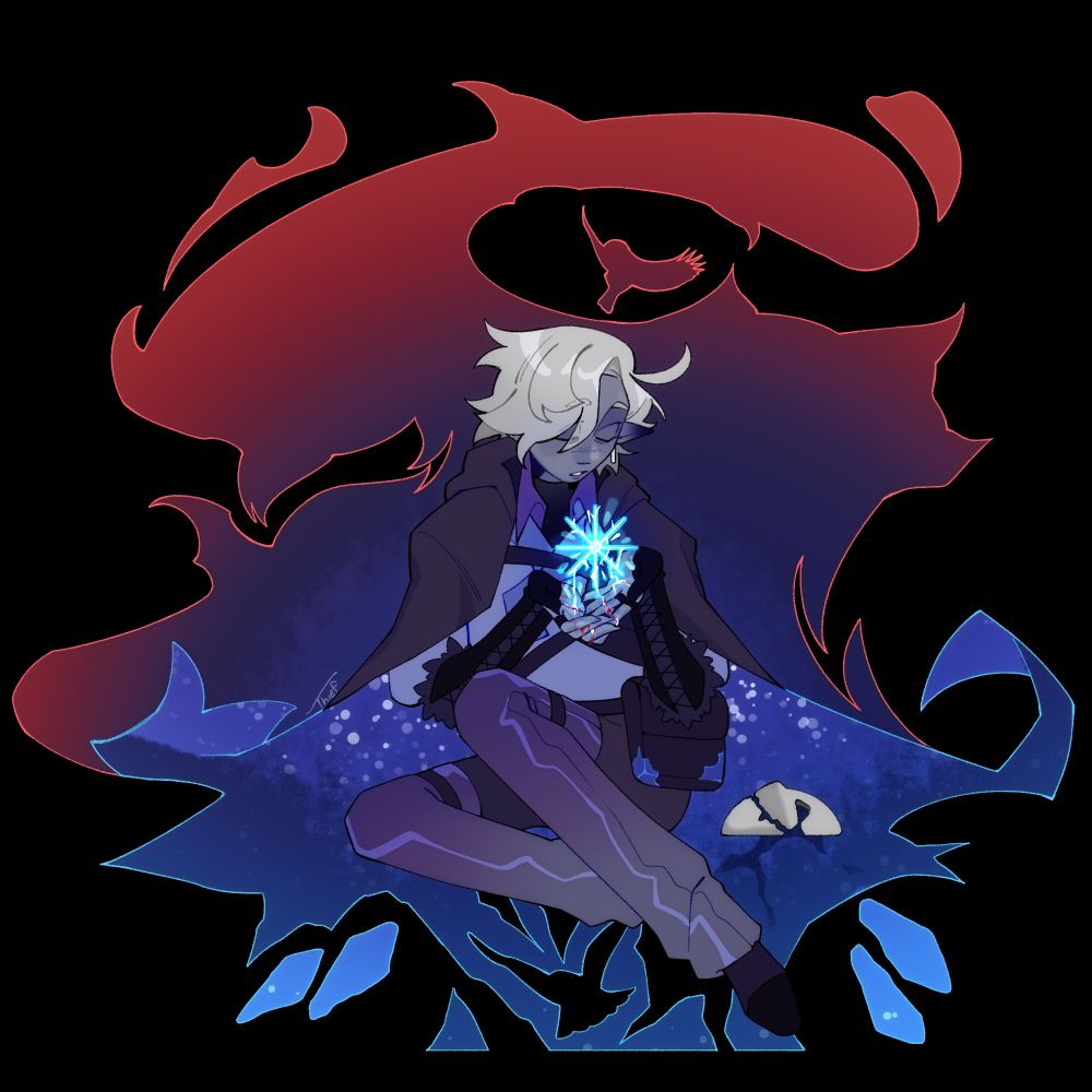 My dnd PC Sun, a changeling disguised as a moon elf sitting with his legs crossed in a splash-art like background. He gently holds a large snowflake that's being created out of his blood.