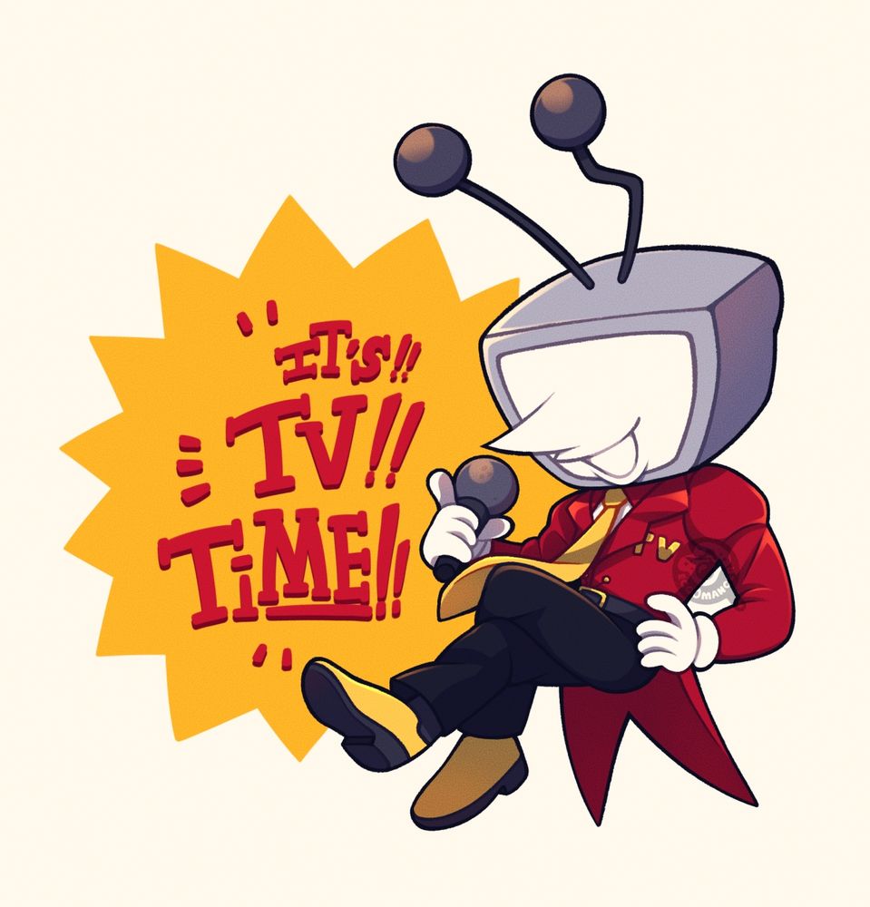 a chibi drawing of tenna from deltarune. he is sitting with one leg over the other with one hand on his hip and the other holding a mic. next to him reads the text: "IT'S! TV! TIME!"