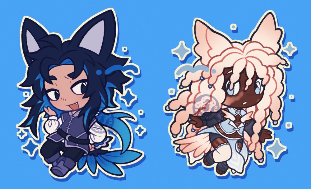 two chibi drawings of my friend's characters. the first has black and blue hair tied back into a low ponytail, and a matching blue feathered tail. he is wearing a tunic with a white undershirt, along with black pants and cuffed boots. his expression is somewhat smug, with a raised eyebrow and wide smile.

the second has white to pink gradient braided hair adorned with blue beads at their ends. she is wearing a blue and white top along with dark blue sleevelets and shorts. around her waist are long strips of blue to white gradient fabric, somewhat similar to a loincloth, adorned with white patterns. she is looking to the side, as if noticing something.