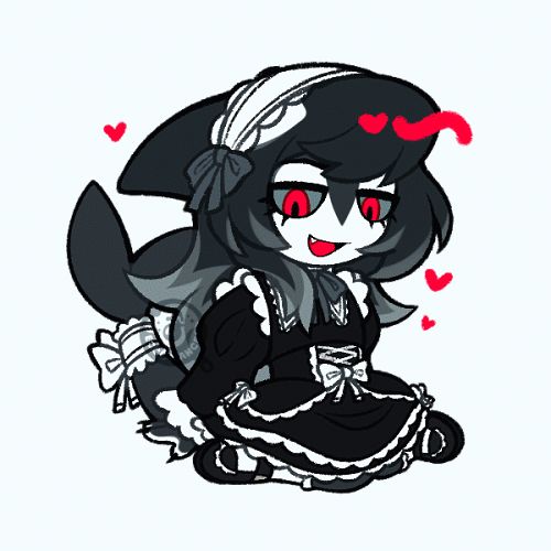 an anthropomorphic orca wearing a maid outfit. they have long hair, sharp nails, and piercing red eyes. they have several ribbons adorning their dress, tail, and headband. they are sitting down and smiling.