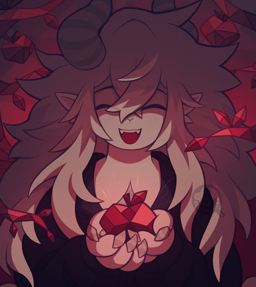 a drawing of my character eve. they are a painted satyr, a species from the art rpg "celestial seas". they have pure white fur, and matching long white hair that flows around them. they have a happy expression on their face as they hold out a crystal apple towards the camera. around them, crystalline branches holding other apples can be seen. the lighting is somewhat ominous, with the only lighting in the scene being of the apple eve has outstretched.