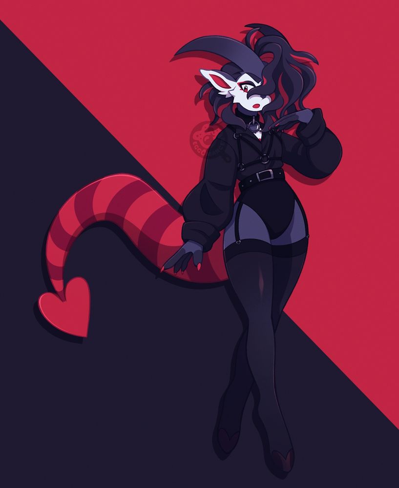 a drawing of an anthropomorphic goat. he has very short purplish grey and white fur, and dark purplish hair with red streaks. his tail is long with a spade at the end, it's colored a bright red with darker red stripes. his outfit consists of a black button up layered on top of a black body suit, and long black stockings that go up to his thighs. around his waist is a black and silver belt that matches his two other accessories, a leather choker and body harness.