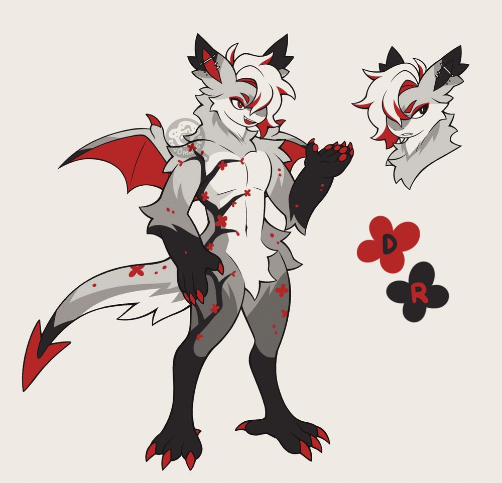 a character design of a grem2 (furry closed species) with gray, white, and black fur. they have branch-like markings on the left side of their body, with red flower markings adorning the branches and scattered throughout their fur coat. their hair is white, but streaked with red. two small dragon wings sprout from their back, and their tail is spaded, giving them a somewhat demonic, or draconic vibe.