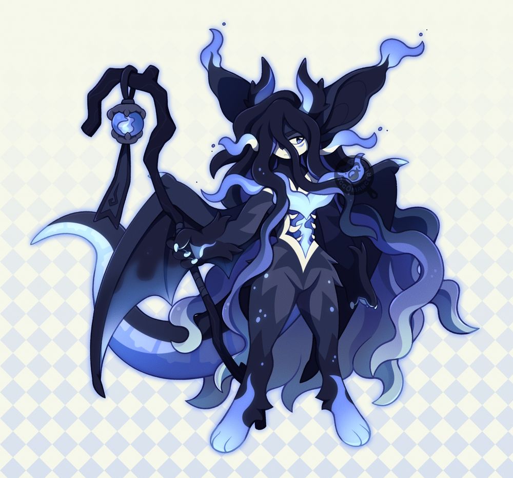 a character design of a tatsukoi based on the underworld. they have black fur with blue flame-like markings, as well as actual blue flames on the tips of their ears and whiskers. they are wielding a crooked wooden staff made of black wood, dangling from it is a small lantern with a small flame glowing inside.