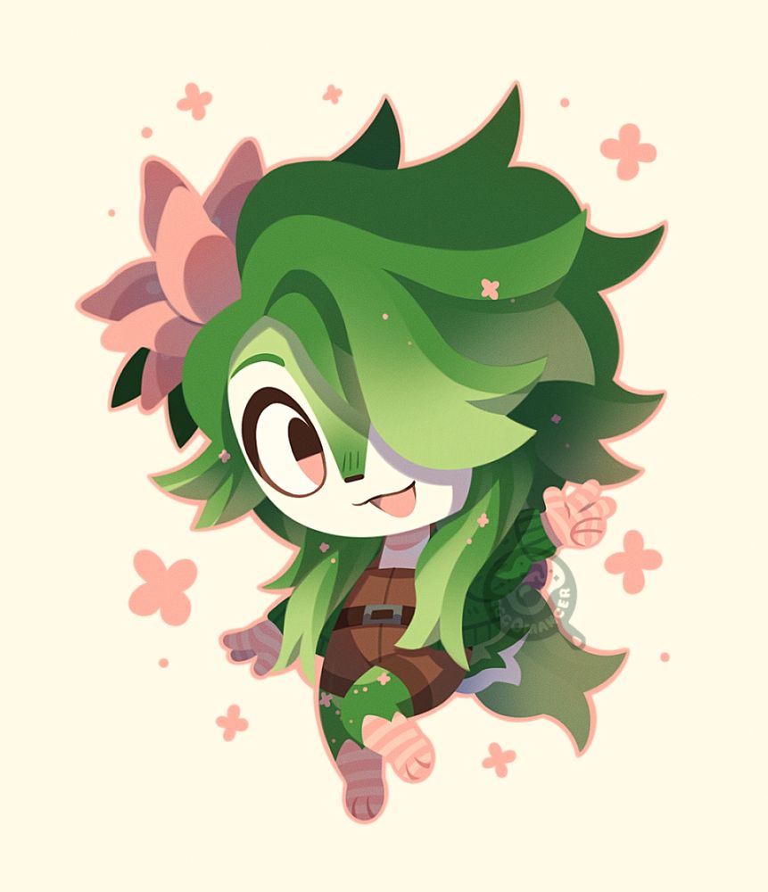 a lineless chibi drawing of a green painted satyr. she is looking to the side and sticking out a peace sign.