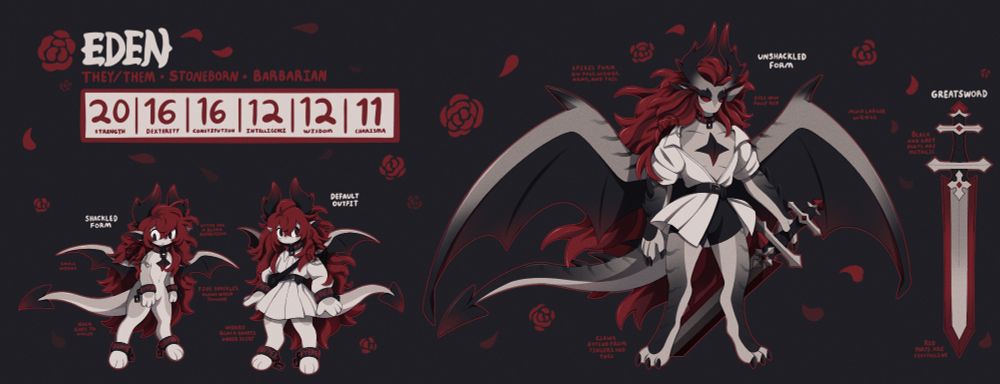 a reference sheet for my dnd character eden. they are a short stoneborn (gargoyle-like species from the crooked moon setting) barbarian with grey skin, long red hair, black horns, wings, and a spaded tail. their neck, wrists, and ankles are bound by shackles with glowing red runes. the reference sheet shows two images of them, one without clothes (no nudity, they do not have any genitalia) and one with. their outfit consists of a long sleeved white button up with a matching white skirt. a black belt separates the two outfit pieces, and a black shoulder bag lays across them.

to the right is their unshackled form. they are much taller, they have larger wings and horns, and black spikes and claws grow from them. they are wielding a large greatsword.