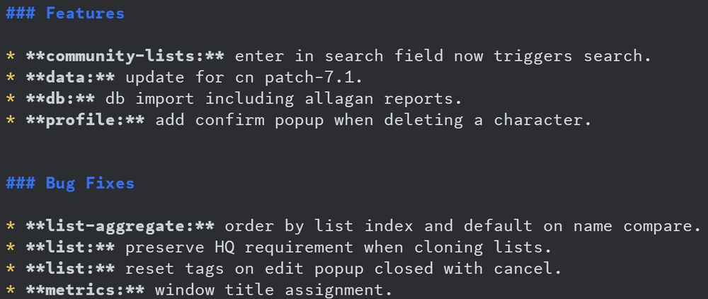 Patch notes for Teamcraft 11.3.25.
Features:
Enter in search field for Community Lists now triggers a search
Data update for Chinese patch 7.1
Add confirmation pop-up when deleting a character from your Profile

Bug Fixes:
List aggregates are now ordered by list index
HQ requirement is now preserved when cloning lists
When you cancel out of adding tags to a list, the tags actually get visually reset
The Metrics page now has an appropriate window title