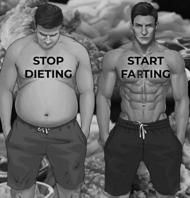 A meme depicting two men. On the left, a cute man who honestly just has a bit of a gut but that only means he loves crushing craft brews on a chill Sunday afternoon with you in the park. On the right is some ripped up guy bro with six pack abs etc. and you know that he ain’t calling you back the next day. The text on the man on the left says “stop dieting” and the text on the man on the right says “start farting”, and while he is correct we still are cheering for the guy on the left