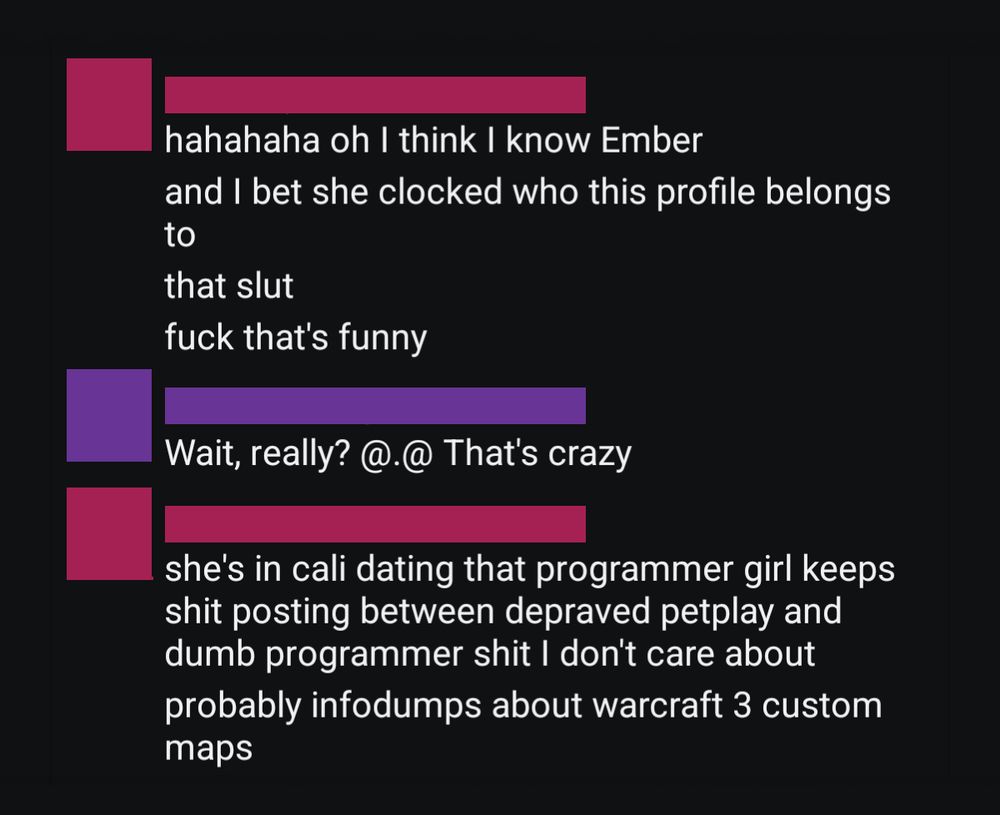 [Chat conversation, usernames hidden by colored blocks]

Red user:
hahahaha oh I think I know Ember
and I bet she clocked who this profile belongs to
that slut
fuck that's funny

Purple user:
Wait, really? @.@ That's crazy

Red user:
she's in cali dating that programmer girl keeps shit posting between depraved petplay and dumb programmer shit I don't care about
probably infodumps about warcraft 3 custom maps