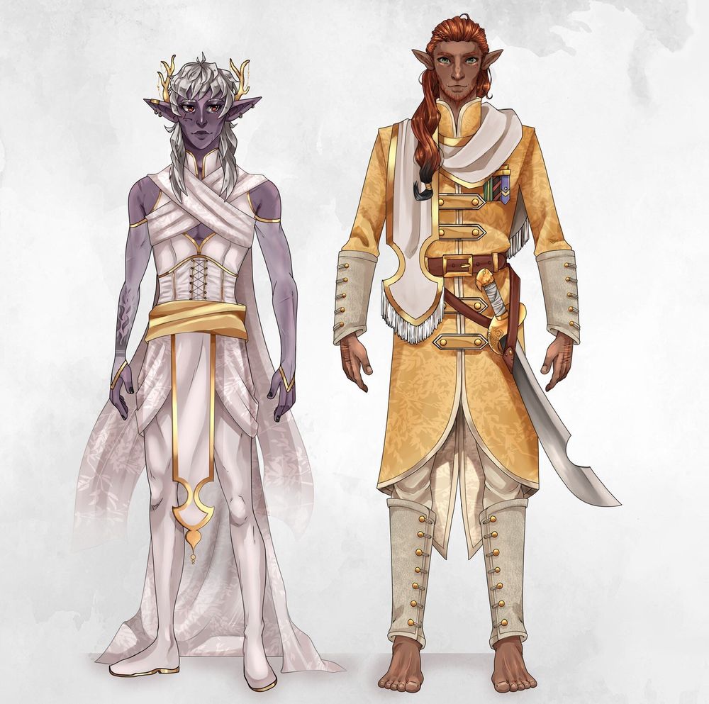 This is Elias and S’Oriel in their wedding clothes, Elias wearing mostly white, and S’Oriel wearing mostly gold. Elias’ outfit is flowy and light, and S’Oriel’s outfit is militaristic, including a sabre and medals.