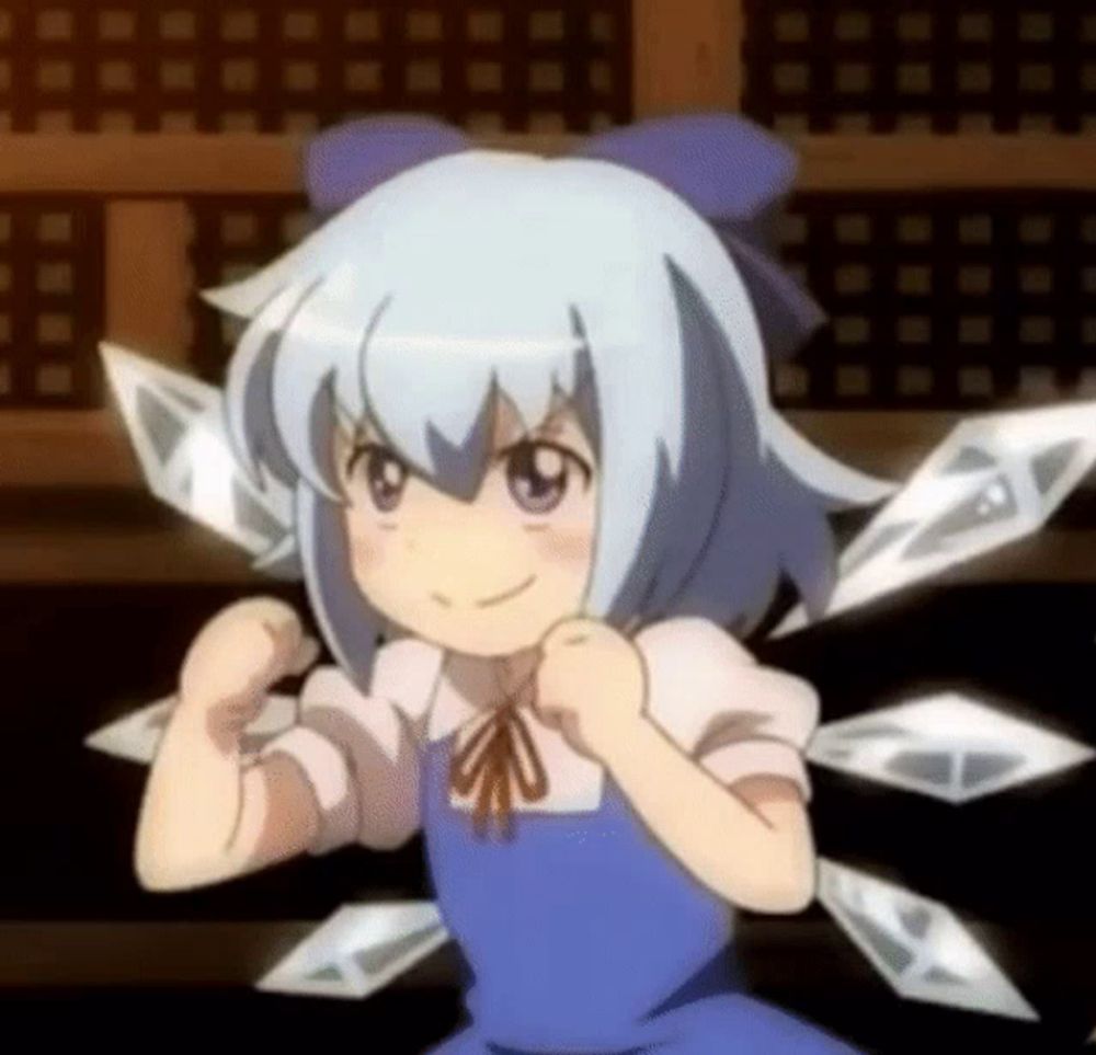 a cartoon girl with blue hair and wings is making a fist .