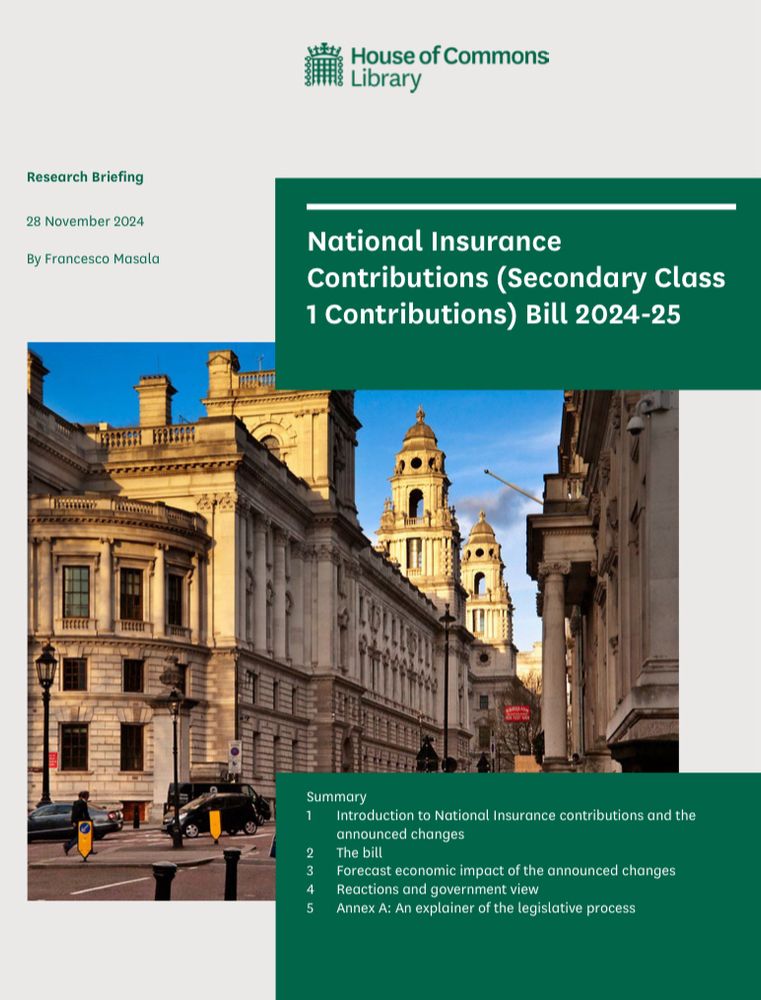 The front page of the Library briefing. It reads ‘National Insurance Contributions (Secondary Class 1 Contributions) Bill 2024-25, and a photo of the Treasury building in London 