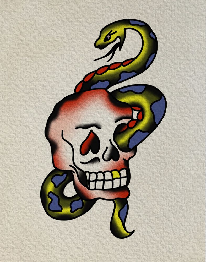 Skull with a snake going through the left eye in traditional style