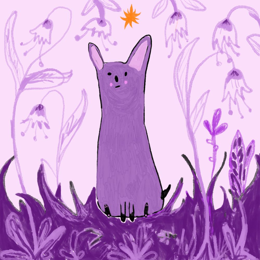 Ein lila Wesen, das traurig und skeptisch schaut, sitzt in einer lila Blumenwiese. Über ihm ein Stern.  