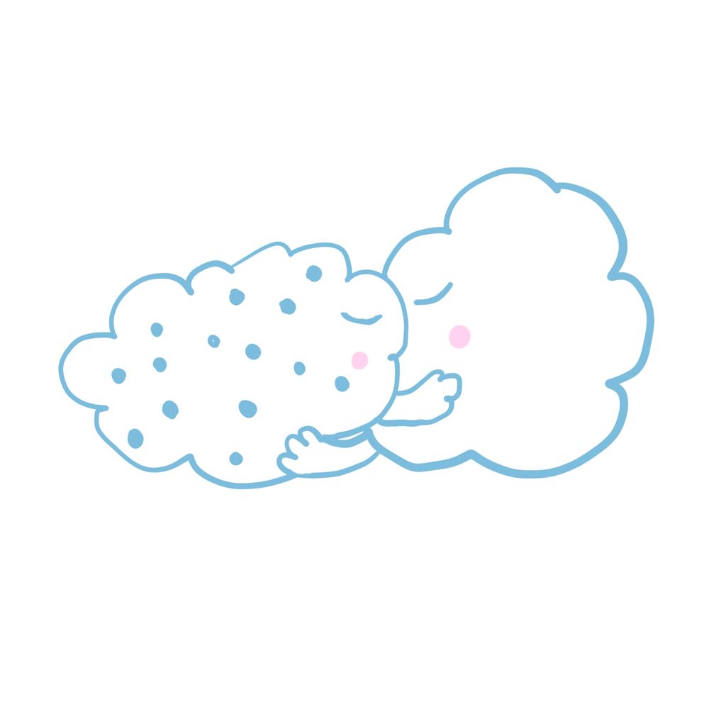 2 Wolken umarmen sich mit geschlossenen Augen und rosa Wangen; eine Wolke hat hellblaue Pünktchen