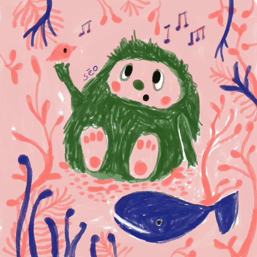 Dicker grüner Flausch der singt ein Vogel sitzt auf seiner Hand und singt auch ein Wal schwimmt vorbei über all sind rosa und dunkelblaue Korallen