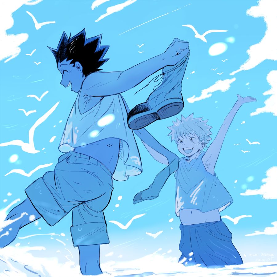 Gon and Killua enjoying some time together in Greed Island, they're playing in the sea, looking very cheerful and childish.