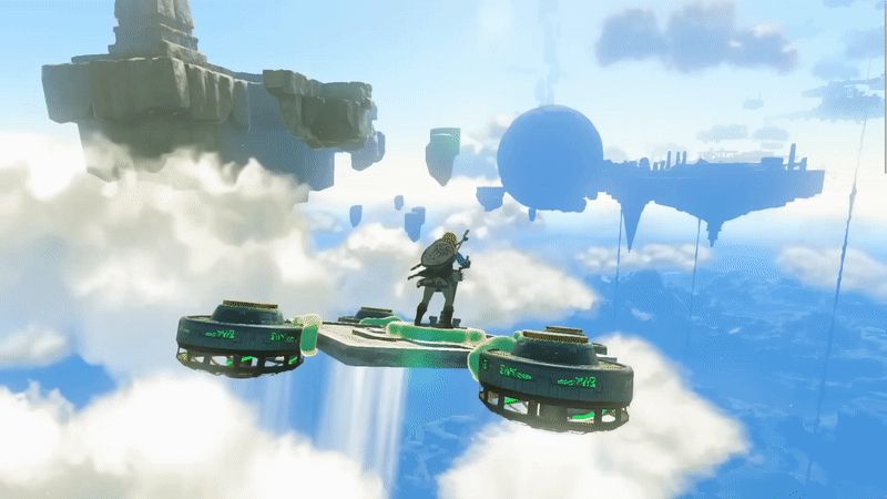 Link flying a hovercraft high in the sky in Zelda: Tears of the Kingdom.