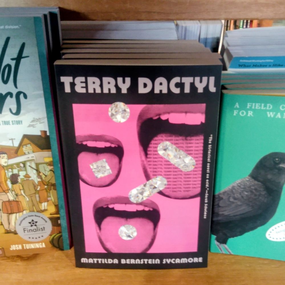 Magenta cover with flying sparkling jewel pills in gaping mouths, black border with title and author name and blurb from Sarah Schulman, "the historical novel on acid"