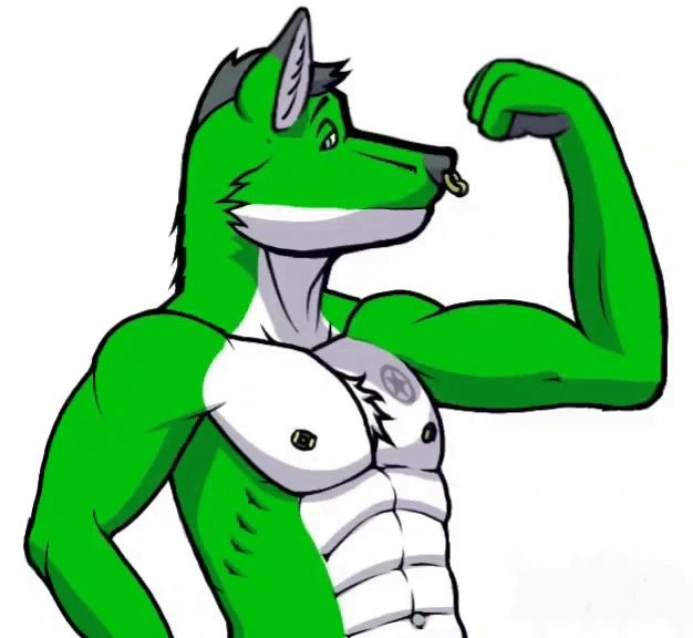 Green, male anthro coyote flexing his bicep and grinning and as he does so his muscles grow and become more veiny. 