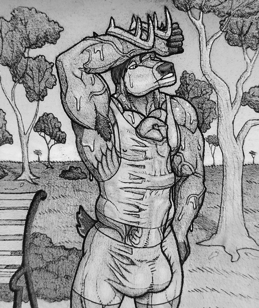 Very muscular, anthro male deer whipping the sweat off his brow while taking a pause on his jogging in the park, seemingly not noticing (or caring about) his enormous erection that goes up to his chest underneath his tank top. 