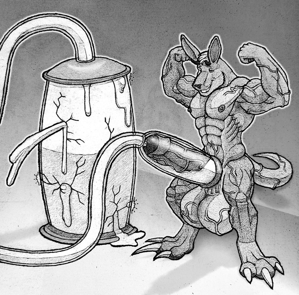 Very muscular, male anthro kangaroo sat on a ledge flexing his big veiny biceps with an expression of mindless pleasure as his massive cock pumps liters of cum into a tank that is barely holding on. 