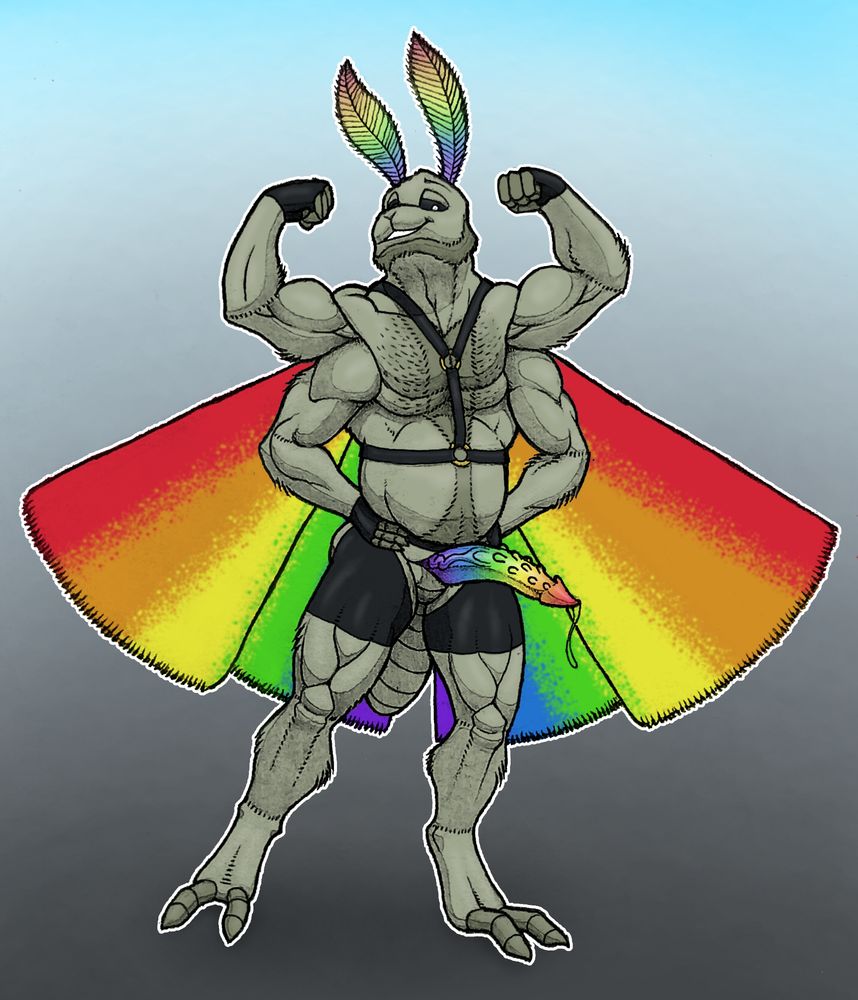 Musclechub, anthro, male daddy moth posing flexing two of his biceps as he is wearing nothing but a latex harness and assless chaps, all showing his rainbow cock and (equally as colorful) wings. 