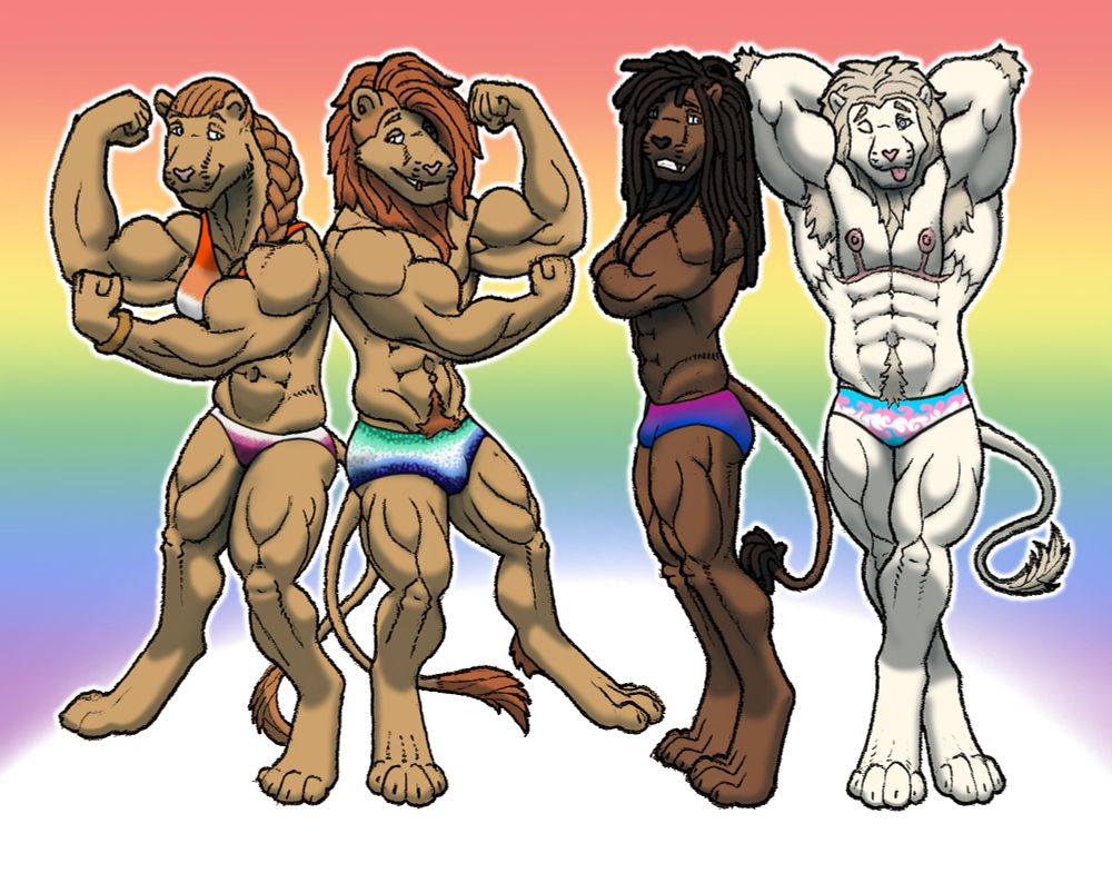Pride of four muscular anthro lions posing each one wearing swimwear with corset matching flag corresponding to a letter of the LGBT acronym, background is rainbow also. 