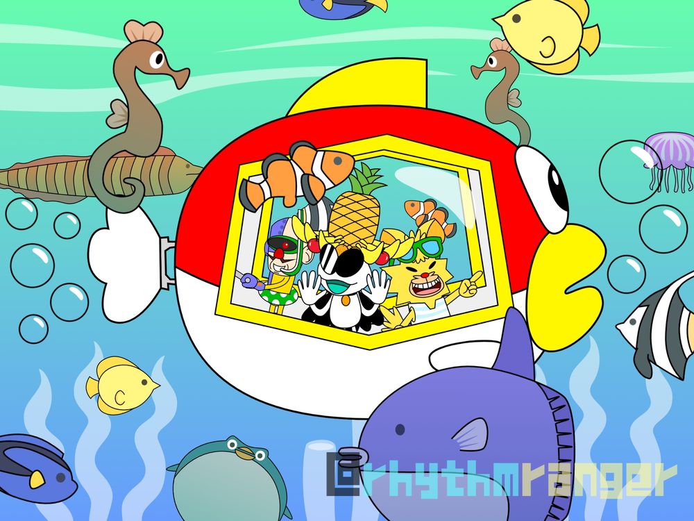 Orbulon, Spitz, and Dr. Crygor are in a Cheep Cheep submarine. The former two are looking at all the sea creatures around them, while Dr. Crygor operates the sub by making it move.