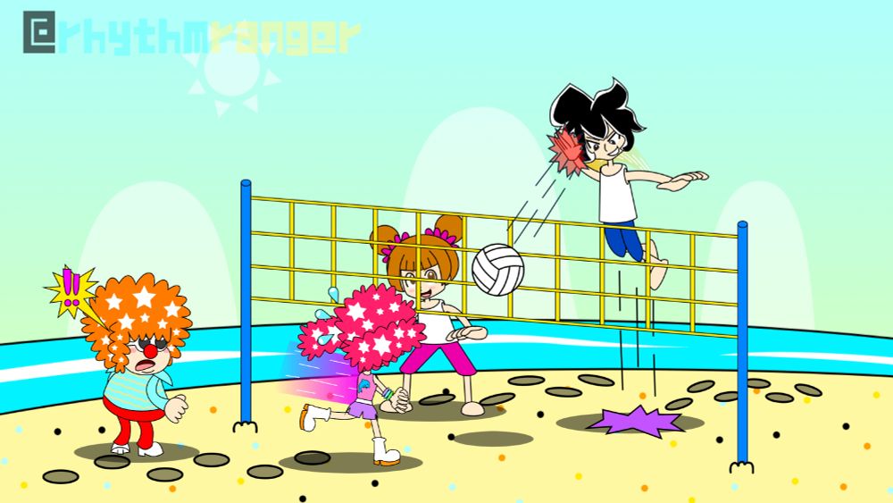 Cricket & Cicada are playing against Jamie & James in a game of volleyball.