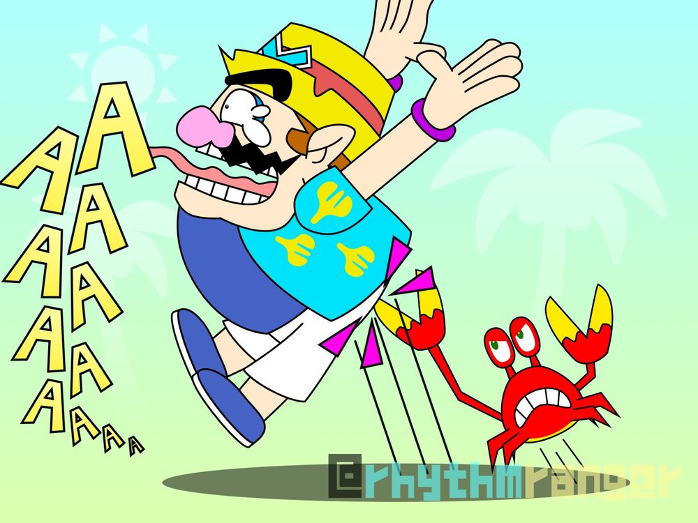 Wario gets his butt pinched by a crab.