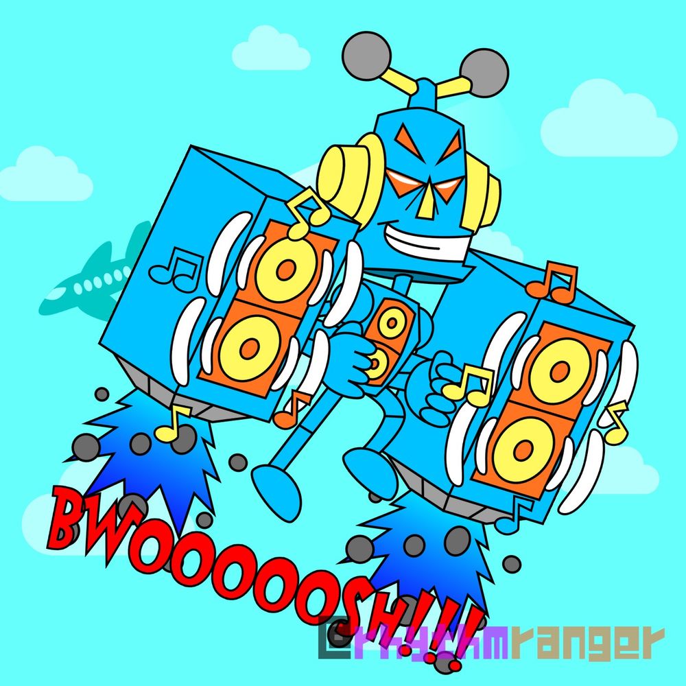 Mike is using a jetpack which comes in the form of a pair of speakers.