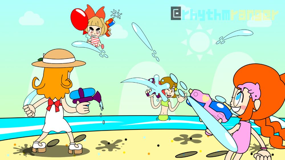 Mona, Penny, Lulu, and 5-Volt playing with water pistols.