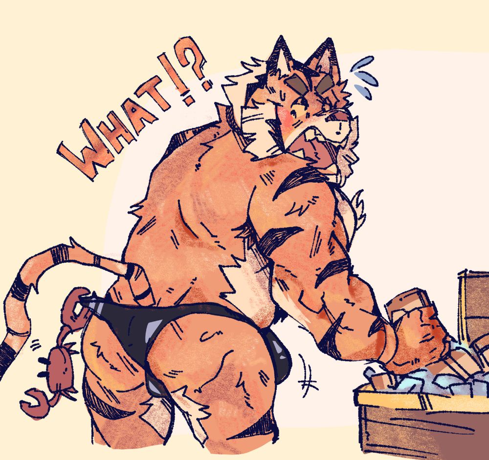 oscar from fornite in a suggestive pose, taking a beer in a chest, getting flustered by his exposed back