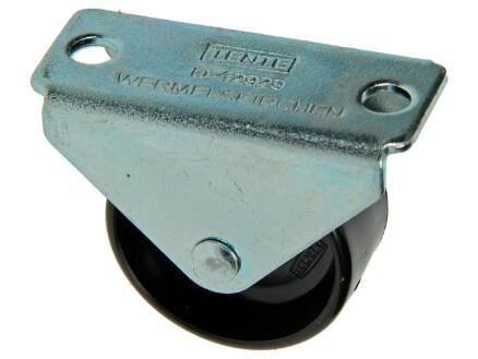 a small wheel in metal U shape designed to mount below something, it has two holes for screws