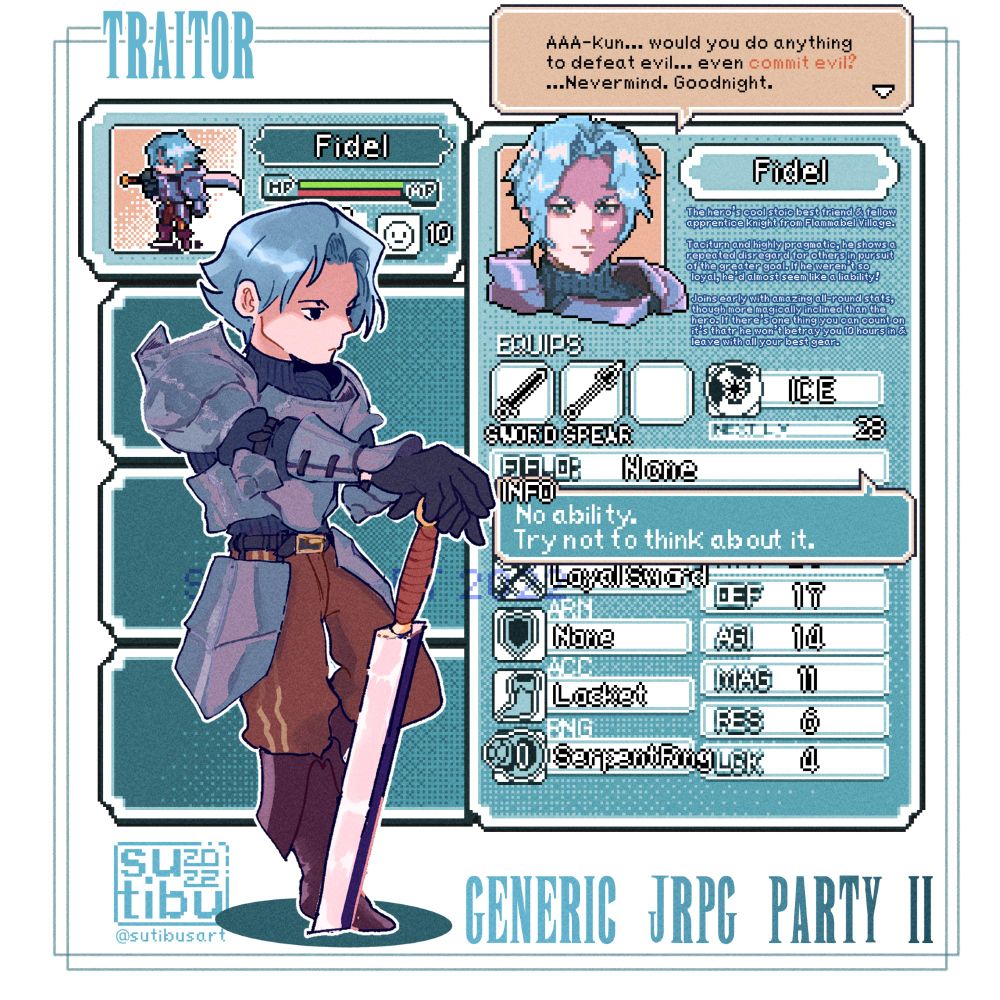 The hero's cool stoic friend and fellow apprentice knight from Flammabel Village. Taciturn and highly pragmatic, he shows a repeated disregard for others in pursuit of the greater goal. If he weren't so loyal, he'd almost seem like a liability!

Joins earl with amazing all-round stats, though more magically inclined than the hero. If there's one thing you can count on, it's that he won't betray you 10 hours in and leave with all your best gear.