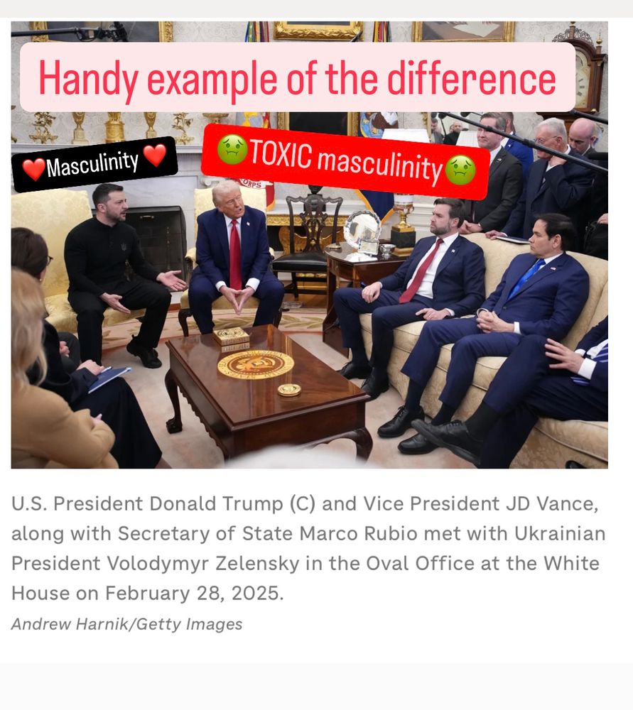 Photo of Ukrainian President Zelenskyy with POTUS and VPOTUS. Labels over their heads say: “Handy example of the difference (between):
[over Zelenskyy’s head]
(Red Heart) Masculinity (red Heart) 
[and, over Trump’s & Vance’s heads]
(Green sick face emoji) TOXIC masculinity (Green sick face emoji)
 
U.S. President Donald Trump (C) and Vice President JD Vance, along with Secretary of State Marco Rubio met with Ukrainian President Volodymyr Zelensky in the Oval Office at the White House on February 28, 2025.
Andrew Harnik/Getty Images