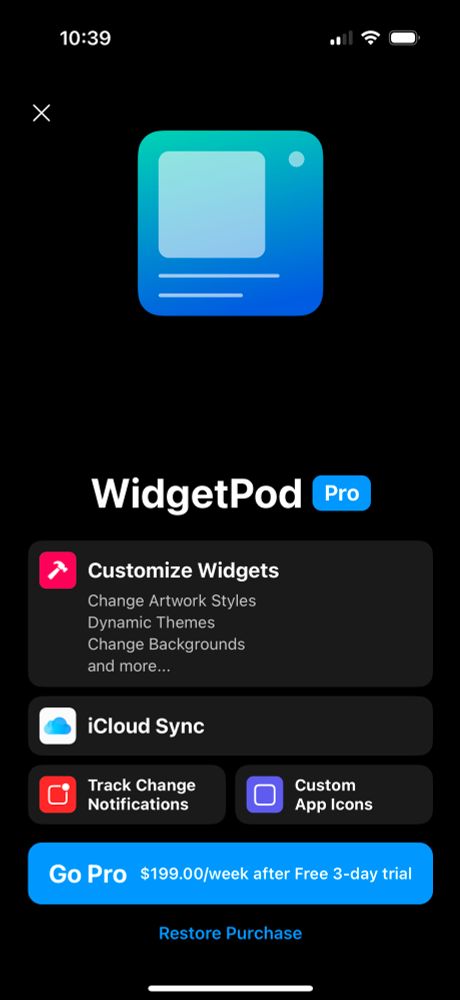 modal in the widgetpod app promoting widgetpod pro, as a $199 mexican pesos a week subscription (or about $10 usd)