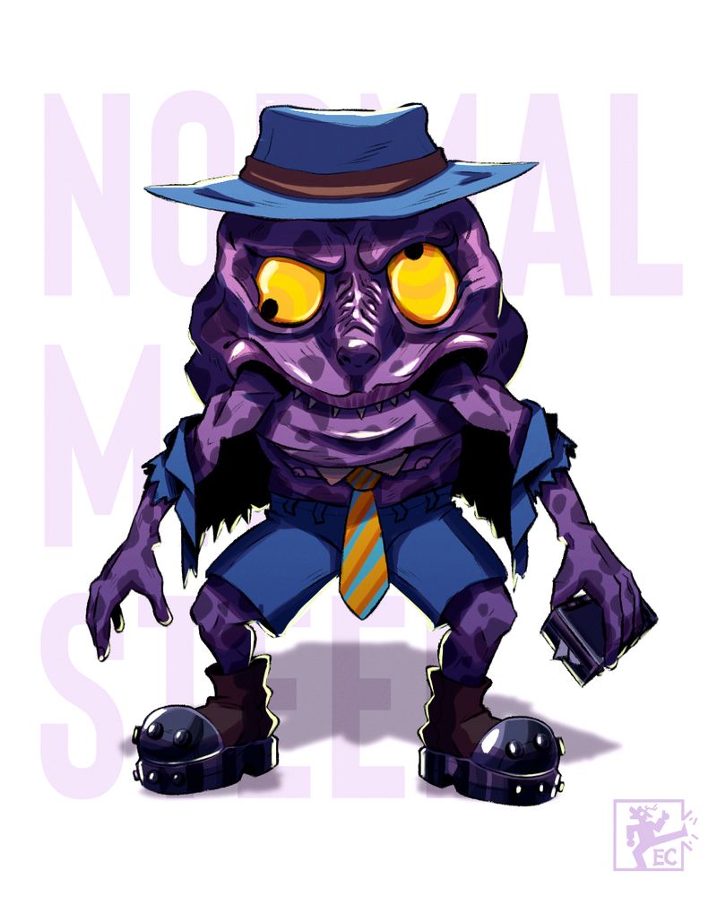 Purple creature dressed as a salary man with arms coming out of his mouth, in one had he's holding a briefcase