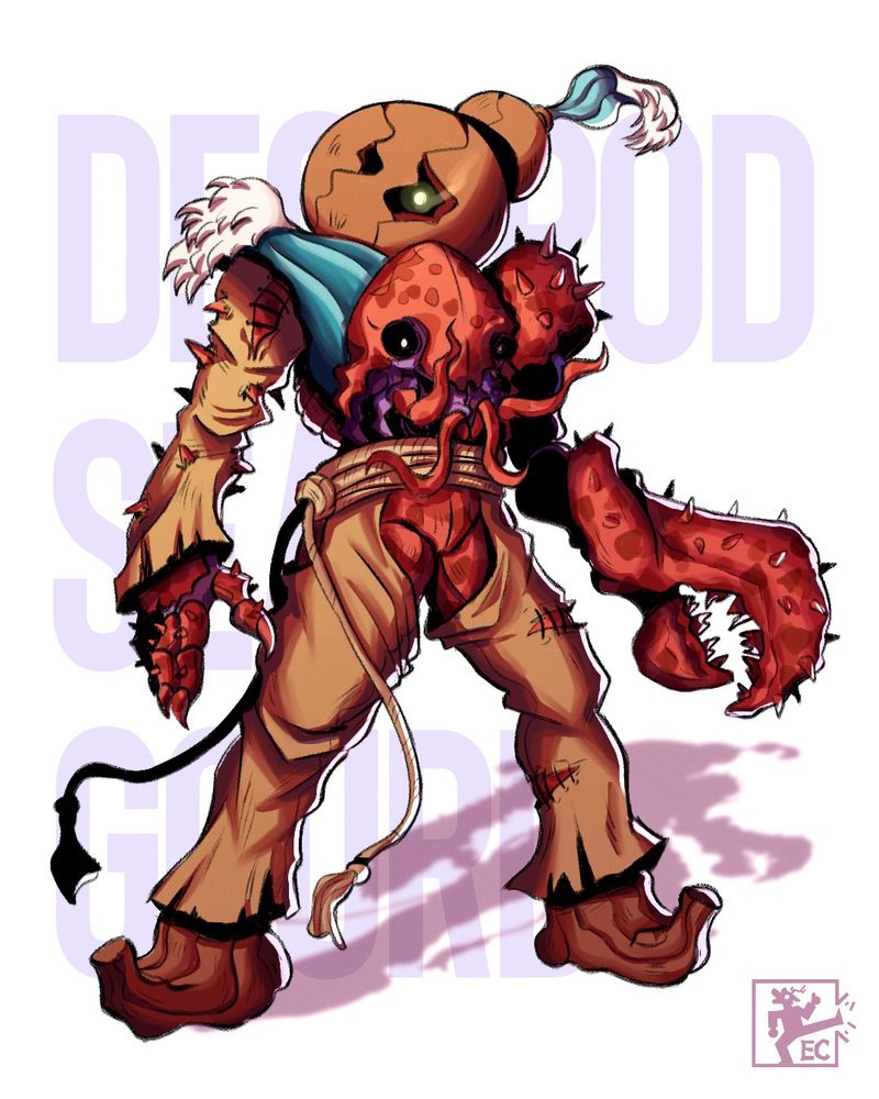 Crab creature with a gourd head, standing menacingly and stating at the viewer.