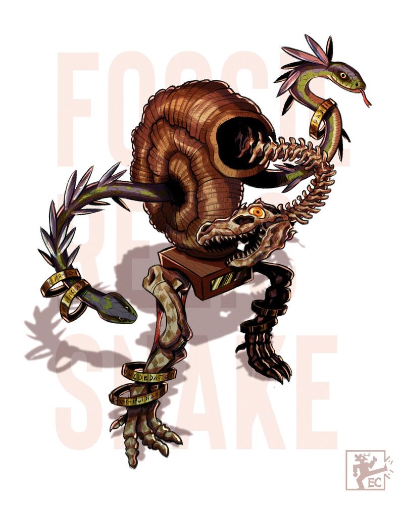 Fossil creature with snake arms and a T-Rex skeleton head