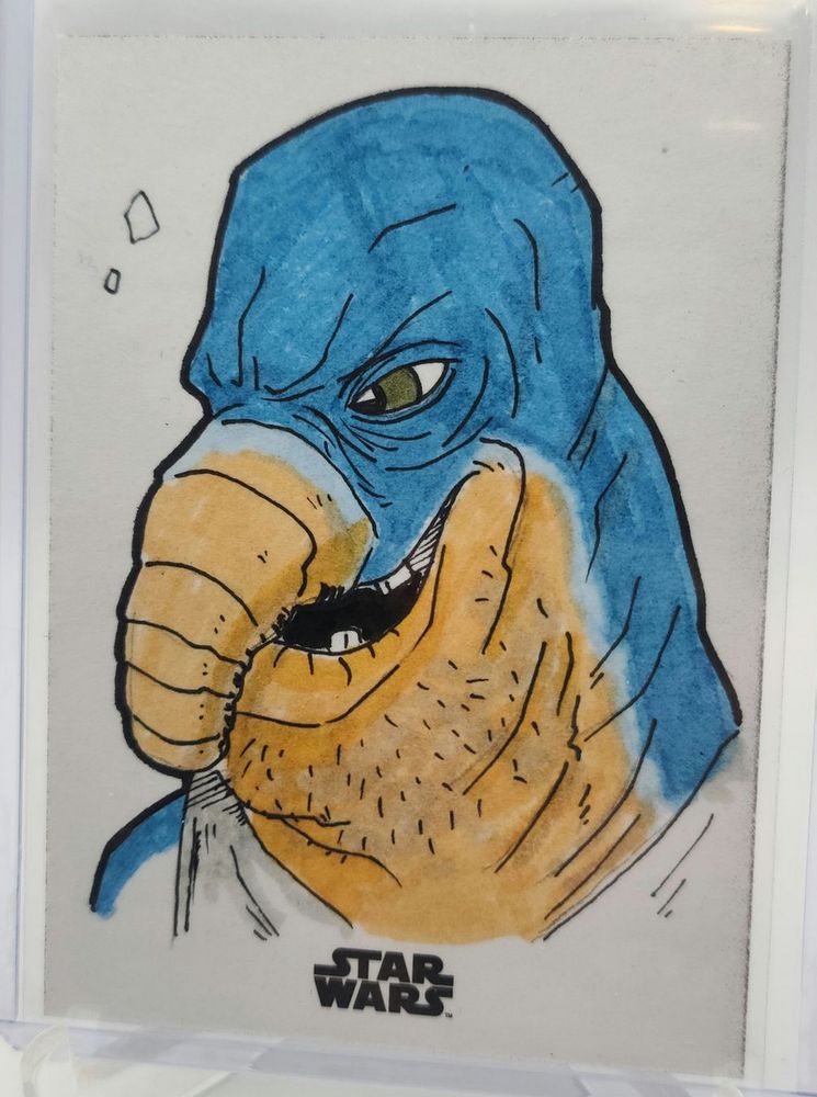 This is a trading card manufactured by Michael Rubin's Topps company. It depicts Watto from Star Wars Episode I: The Phantom Menace. Art by C. Havarria