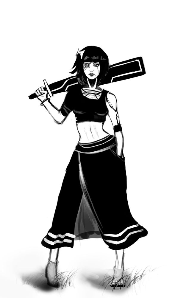 A digital drawing of a cyborg holding a sword.