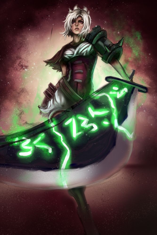 Digital art of Riven from League of Legends.