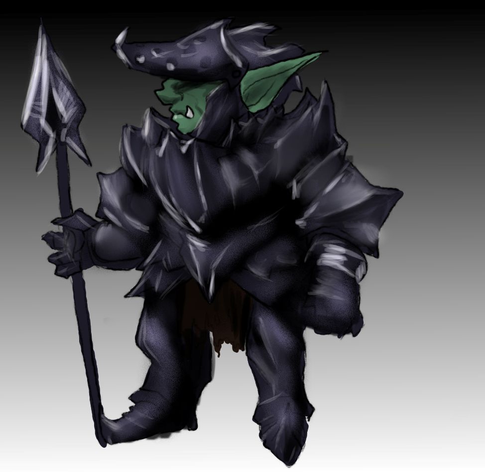 Goblin in spikey full plate armor with a spear