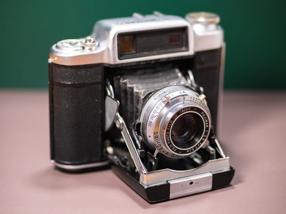 Front of an unfolded Super Fujica 6 camera.