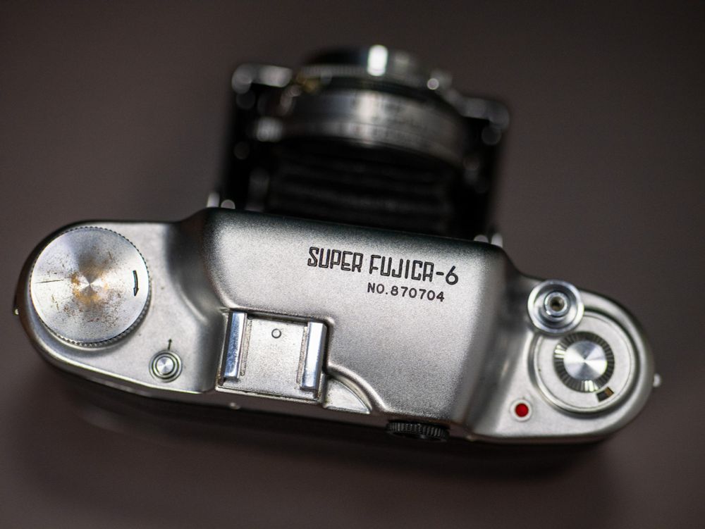 Top plate of a Super Fujica 6 camera.