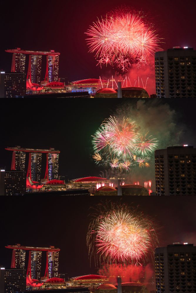 A trio of firework photos from Singapore's National Day preview/rehearsal.